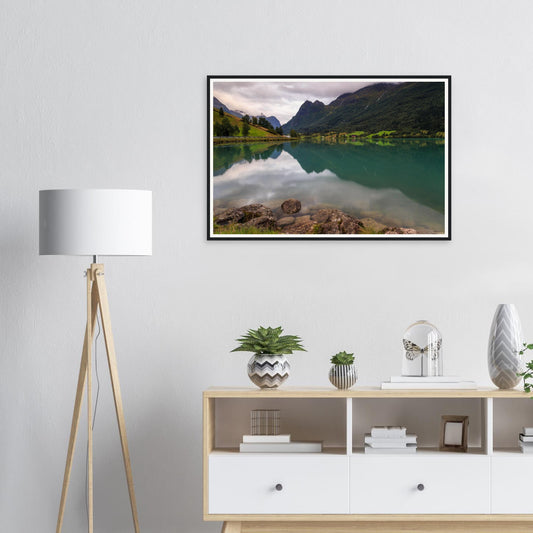 Framed print of Lake Floen in Norway with tranquil reflections