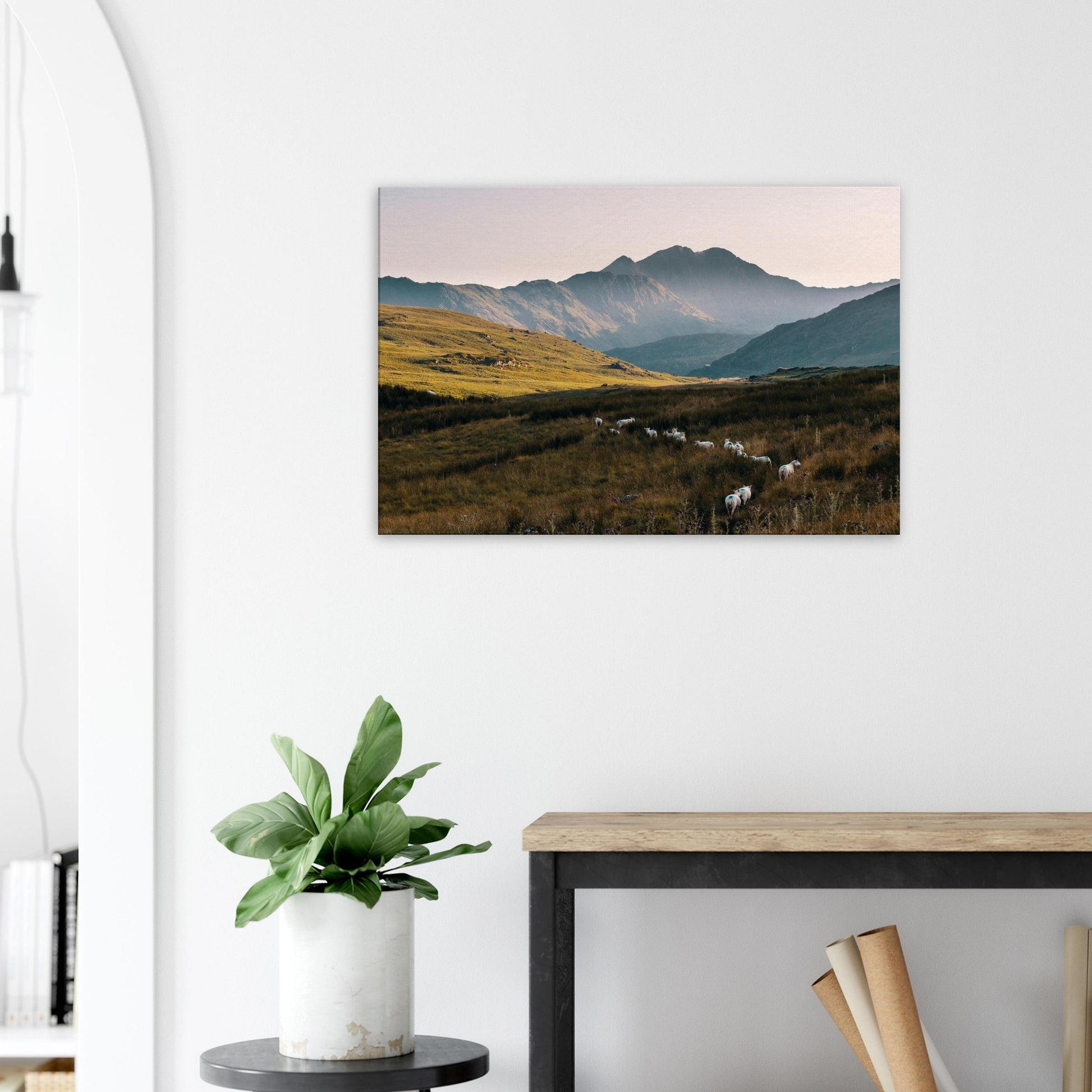 Warm sunset hues across Snowdonia hills in landscape print