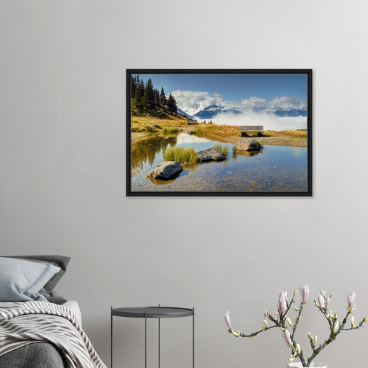 Framed canvas of Panoramabahn Austria with tranquil alpine pond