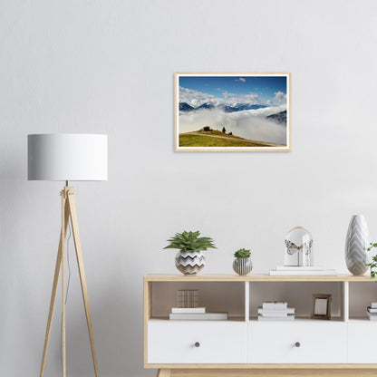 Sea of clouds blanketing valley below Panoramabahn framed print