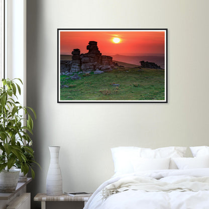 Fiery sunset sky over granite outcrops framed wall art of Dartmoor