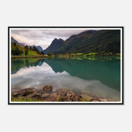 Scenic framed wall art of Lake Floen and Norwegian mountains
