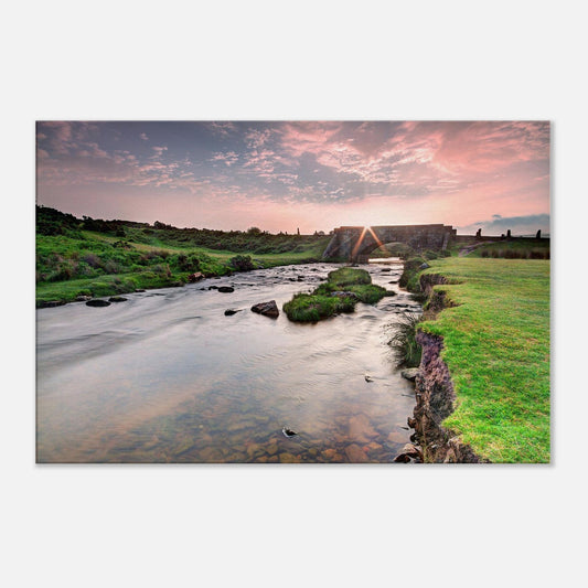 Dartmoor landscape at dawn featuring Cadover Bridge in soft light