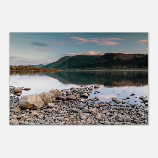 Calm waters of Bassenthwaite Lake mirroring surrounding fells and sky