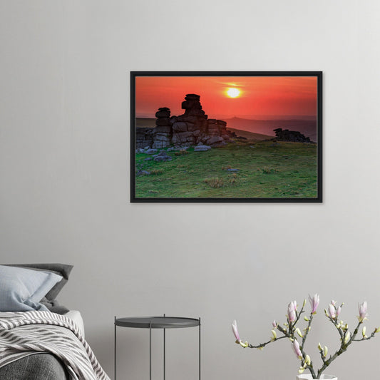 Framed canvas of sunset at Great Staple Tor on Dartmoor
