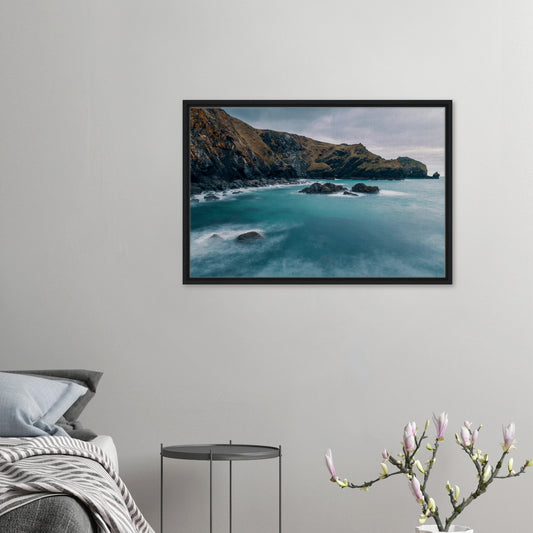 Framed canvas of Mullion Cove with cliffs and sea
