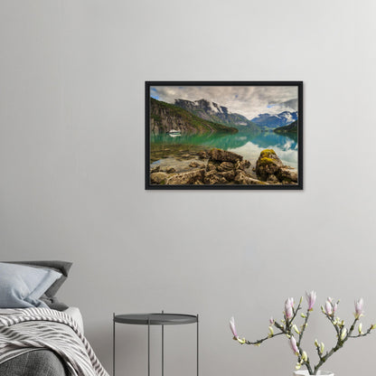 Norwegian nature print with boat on clear lake water