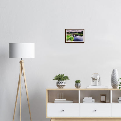 Stone clapper bridge surrounded by greenery in Dartmoor framed wall art