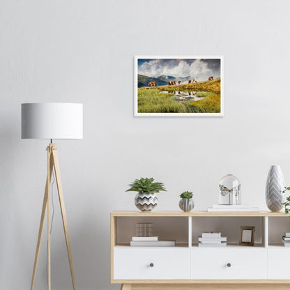 Herd of cows by alpine pond in Austria captured in framed wall art