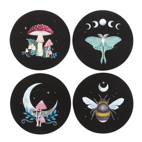 Set of 4 enchanted coasters featuring forest scenes, mushrooms, luna moth, and bumblebee.