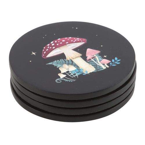 Set of 4 enchanted coasters featuring forest scenes, mushrooms, luna moth, and bumblebee.