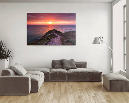 Printable wall art of Devon headland with sunset over the sea