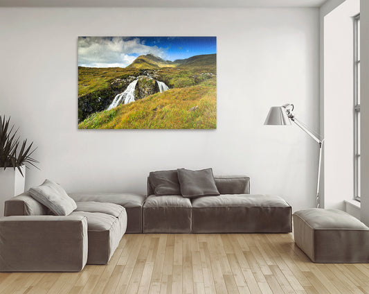 Printable wall art of Scottish Highlands waterfall and mountains