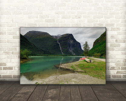 Riverscape, Mount Ramnefjell and Utigardsfossen Waterfall, Norway