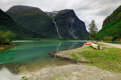 Riverscape, Mount Ramnefjell and Utigardsfossen Waterfall, Norway