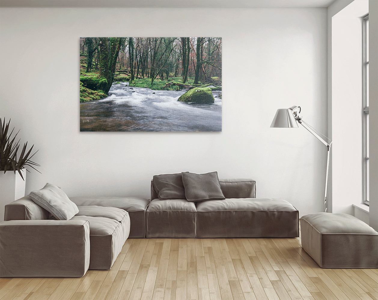 Printable photo of mossy rocks and flowing river Dartmoor
