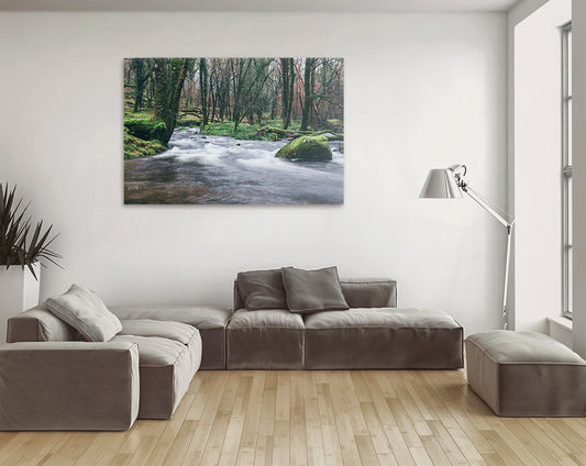 Printable photo of mossy rocks and flowing river Dartmoor
