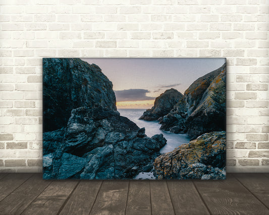 Mullion Cove Cornwall rocky cliffs sunset photo