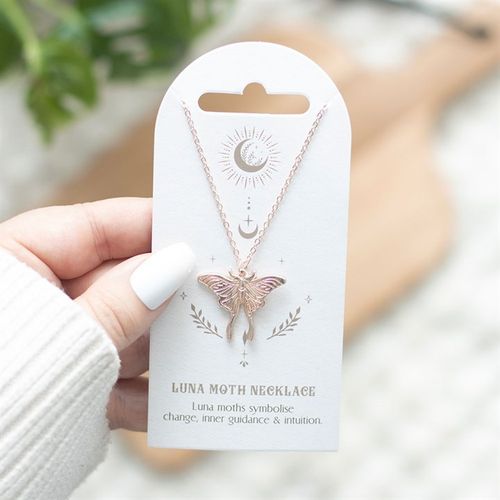 Nickel-free stainless steel Luna Moth pendant necklace on decorative backing card