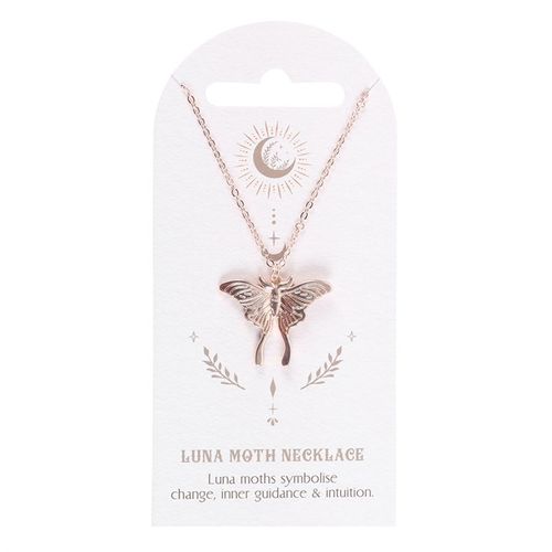 Nickel-free stainless steel Luna Moth pendant necklace on decorative backing card