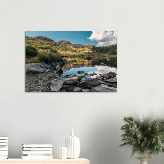 Llyn Llywelyn canvas print with still lake and mountain reflections