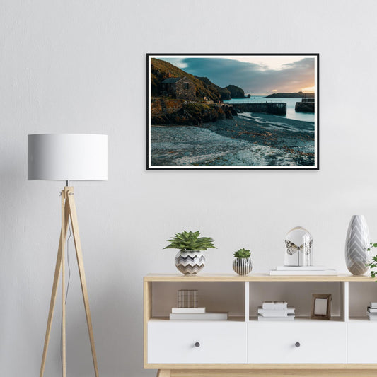 Framed print of Mullion Cove harbour at twilight Cornwall