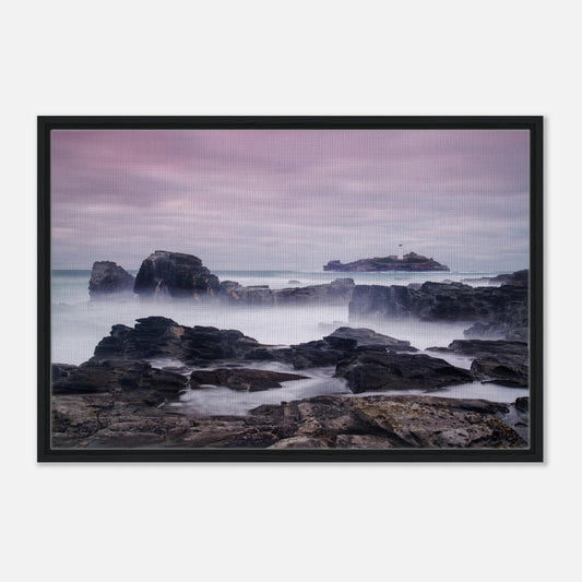 Long exposure of Cornish coast with Godrevy Lighthouse in print