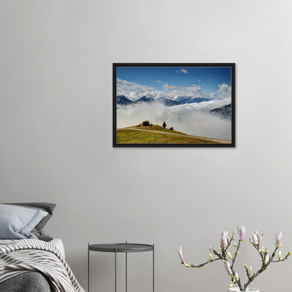 Stunning mountain landscape with alpine cabin in canvas print