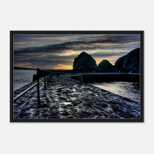 Golden light on cliffs and slipway at Mullion Cove in print