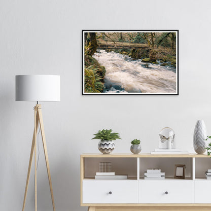 Framed print of River Plym at Shaugh Prior Dartmoor with wooden bridge