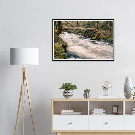 Framed print of River Plym at Shaugh Prior Dartmoor with wooden bridge