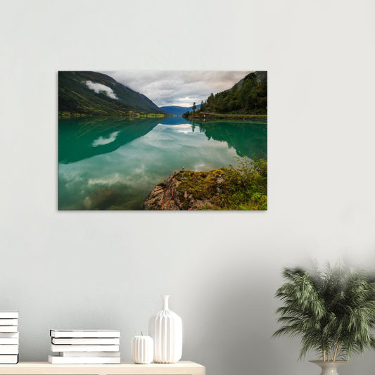 Canvas print of Oldevatnet Lake with perfect mountain reflections in Norway.