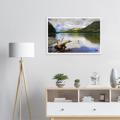 Foreground driftwood detail at Buttermere Lake framed print