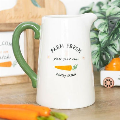 Farm Fresh flower jug with bunny and carrot design, perfect for holding colorful blooms