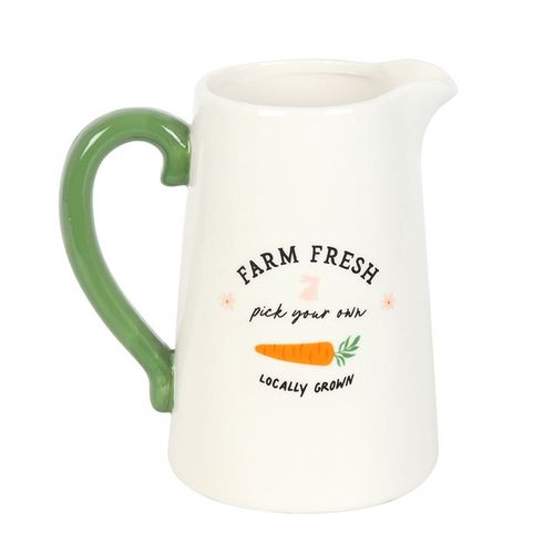 Farm Fresh flower jug with bunny and carrot design, perfect for holding colorful blooms