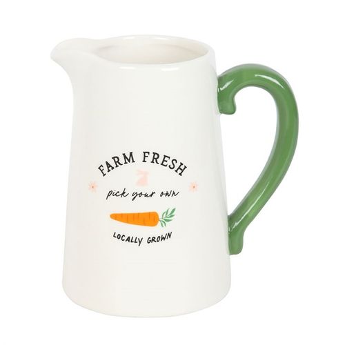 Farm Fresh flower jug with bunny and carrot design, perfect for holding colorful blooms