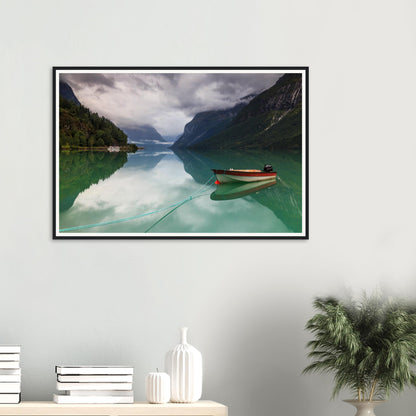 Mirror-like reflections on Lovatnet Lake Norway framed print