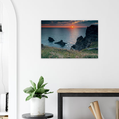 Canvas print of Cornwall’s sea horizon lit by setting sun
