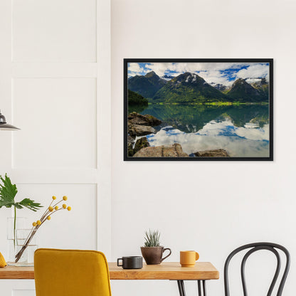 Strynevatnet framed canvas with rocks, clouds, and reflection