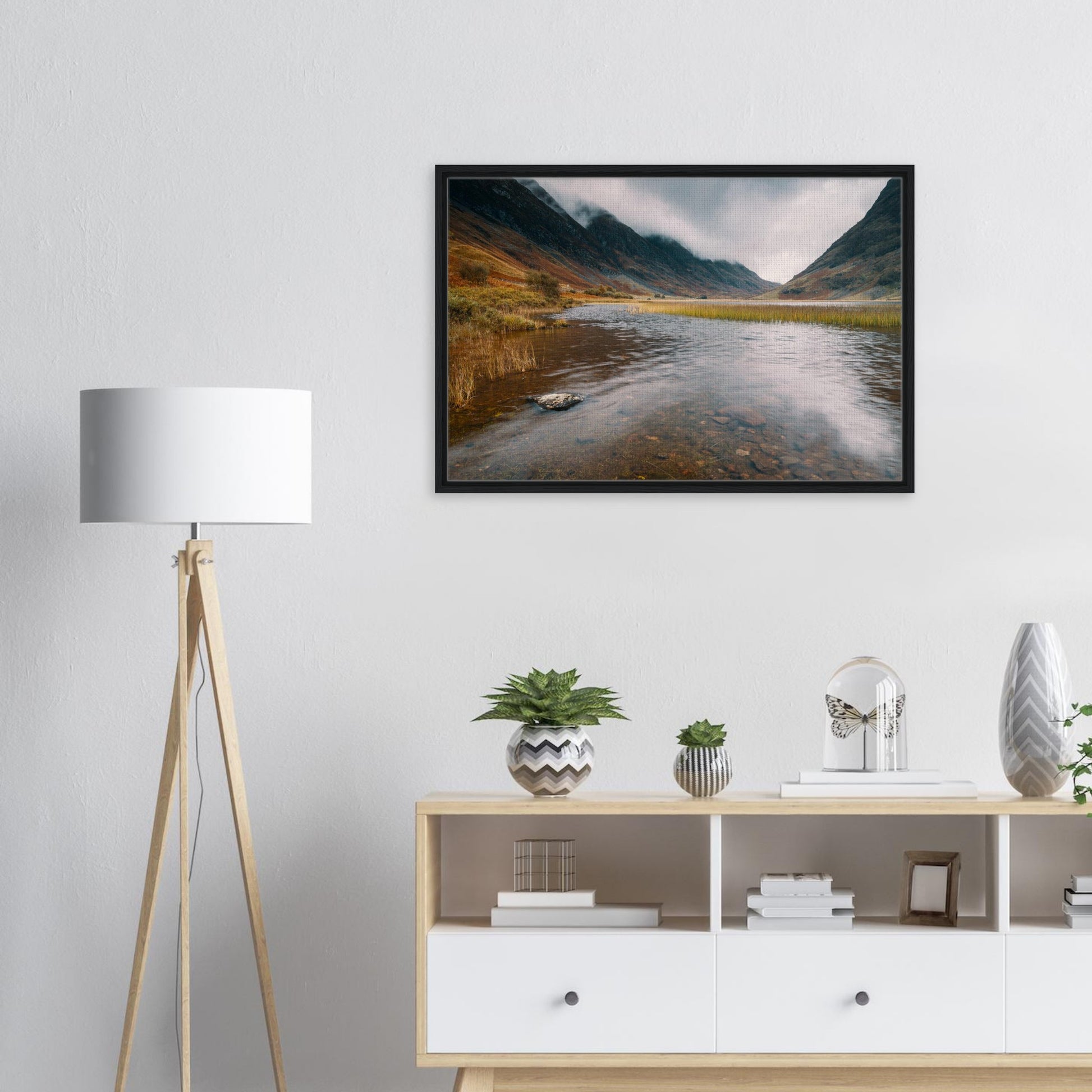 Brooding mountains and reflective water canvas
