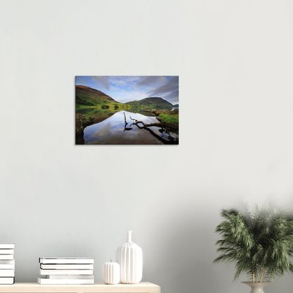 Peaceful canvas print of Crummock Water with a solitary branch in the foreground and smooth lake water mirroring the Lake District fells.