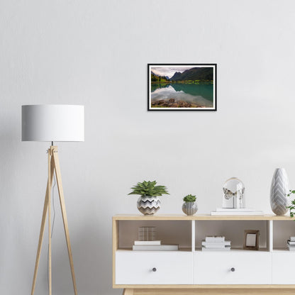 Lake Floen framed print with verdant valley and calm lake