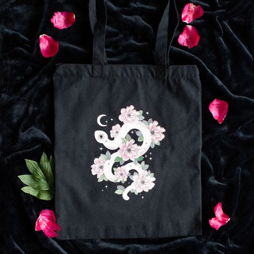 Floral Snake Tote Bag with witchy and boho design, perfect for carrying essentials.