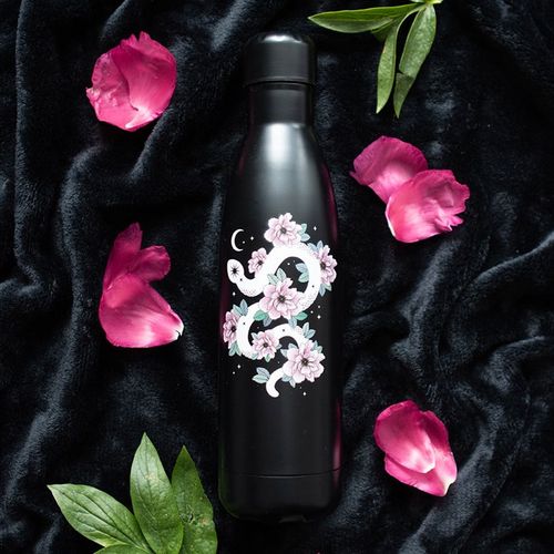 Floral Snake Water Bottle with 500ml capacity, screw-top lid, suitable for hot and cold beverages.