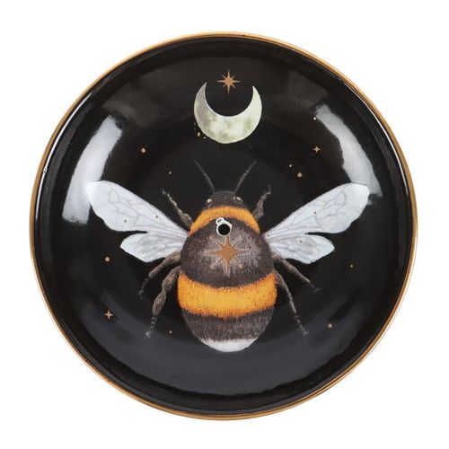 Incense plate with forest bee design, celestial moon and star details, suitable for incense sticks and cones.