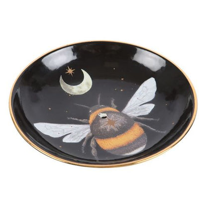 Incense plate with forest bee design, celestial moon and star details, suitable for incense sticks and cones.