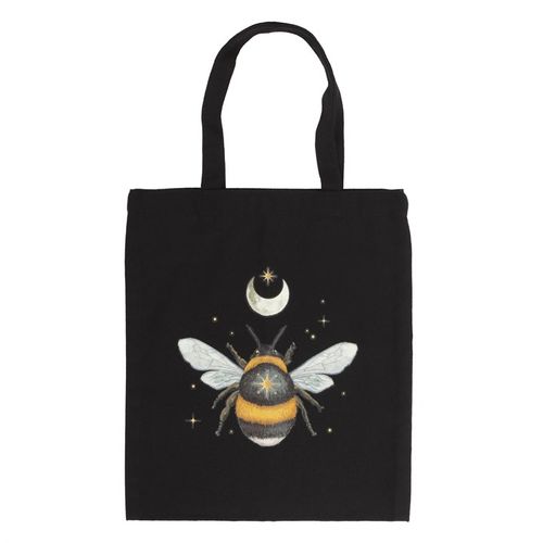 Black cotton canvas tote bag with a delicate forest bee design, perfect for everyday use or shopping.