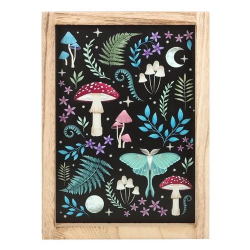 Framed Dark Forest print featuring mystical mushrooms, glowing luna moth, and magickal plants.