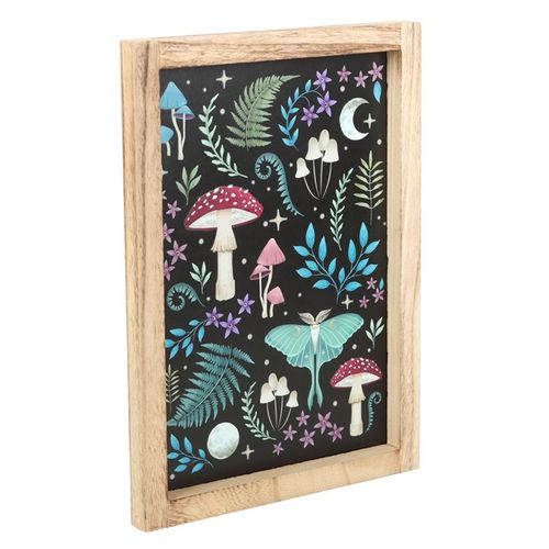 Framed Dark Forest print featuring mystical mushrooms, glowing luna moth, and magickal plants.