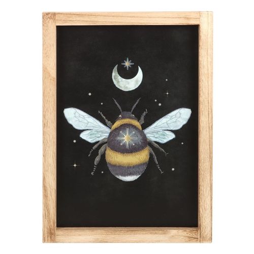 Framed Forest Bee print with crescent moon and stars, elegantly set in a wooden frame.